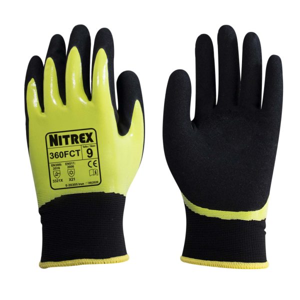 Par de guantes de seguridad NITREX 360FCT color amarillo fluor y negro con protección térmica y agarre antideslizante