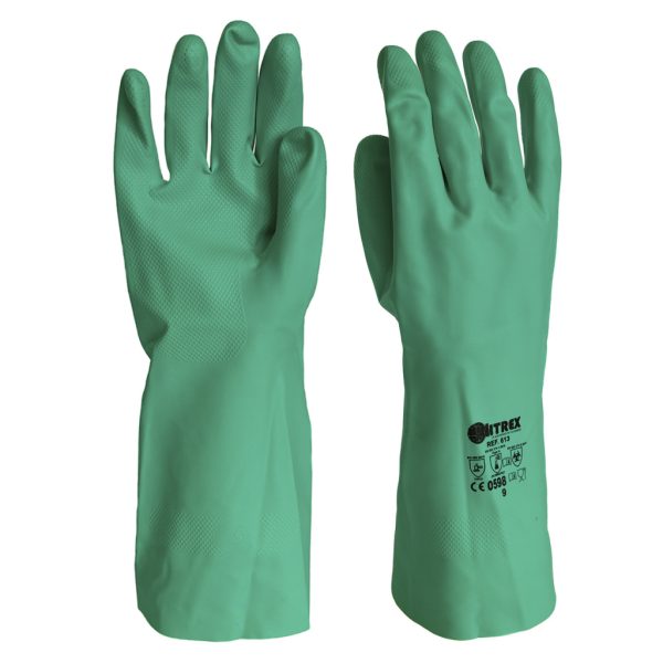 Guante de nitrilo Nitrex 613 verde con protección química y acabado antideslizante para uso industrial