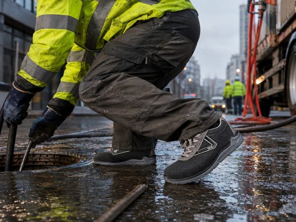 rabajador utilizando zapatilla de seguridad Palermo S3 en superficie mojada y resbaladiza durante trabajo industrial exterior