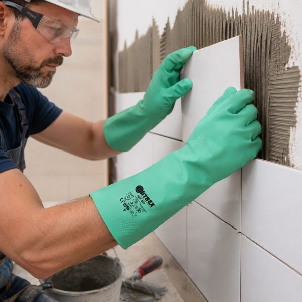 Operario colocando azulejos con guantes Nitrex 613 resistentes a productos químicos y humedad