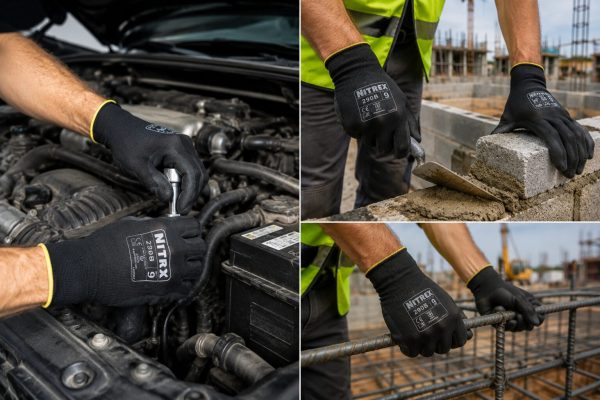 Operario de construcción colocando bloques de hormigón con guantes negros NITREX 290B en una obra y mecanica de automovil.”