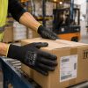 “Trabajador de almacén manipulando una caja en una cinta transportadora con guantes de seguridad NITREX 290B.”