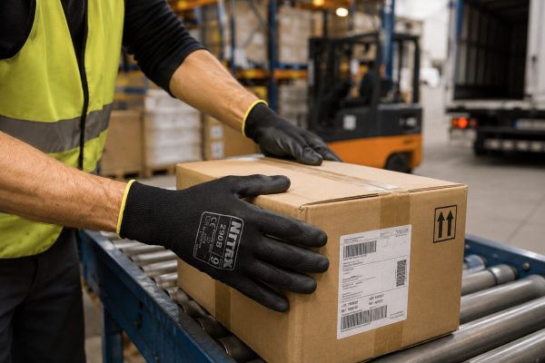 “Trabajador de almacén manipulando una caja en una cinta transportadora con guantes de seguridad NITREX 290B.”