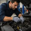 Mecánico reparando el motor de un coche en un taller usando guantes grises NITREX 290G de protección industrial.