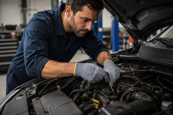 Mecánico reparando el motor de un coche en un taller usando guantes grises NITREX 290G de protección industrial.