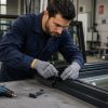 Técnico ensamblando un marco de ventana de aluminio sobre mesa de trabajo en taller industrial con guantes NITREX 290G.