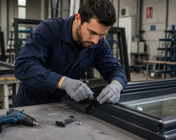 Técnico ensamblando un marco de ventana de aluminio sobre mesa de trabajo en taller industrial con guantes NITREX 290G.
