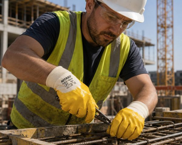 Operario de construcción usando guantes de seguridad NITREX amarillos mientras trabaja con ferralla en una obra.