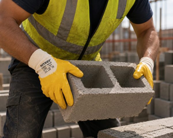 Albañil sujetando un bloque de hormigón con guantes amarillos NITREX 230 en una obra de construcción.