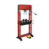 Prensa hidráulica MEGA PRD50NF 50T roja con manómetro, palanca de accionamiento y pedal, mesa regulable, fondo blanco.