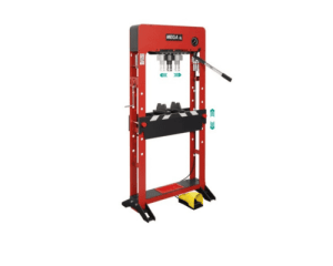 Prensa hidráulica MEGA PRD50NF 50T roja con manómetro, palanca de accionamiento y pedal, mesa regulable, fondo blanco.