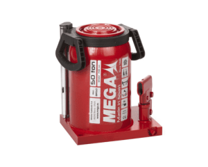 Gato hidráulico de botella MEGA BR50 50T rojo con asas laterales, vástago cromado y base metálica, sobre fondo blanco