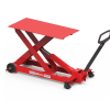 Mesa elevadora hidráulica MEGA 1500 kg roja con plataforma superior, elevación de tijera y mango de arrastre con ruedas, fondo blanco.