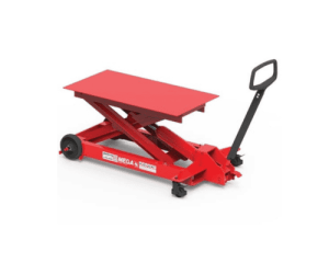 Mesa elevadora hidráulica MEGA 2500 kg roja con plataforma superior plana disponible en Ecoepis