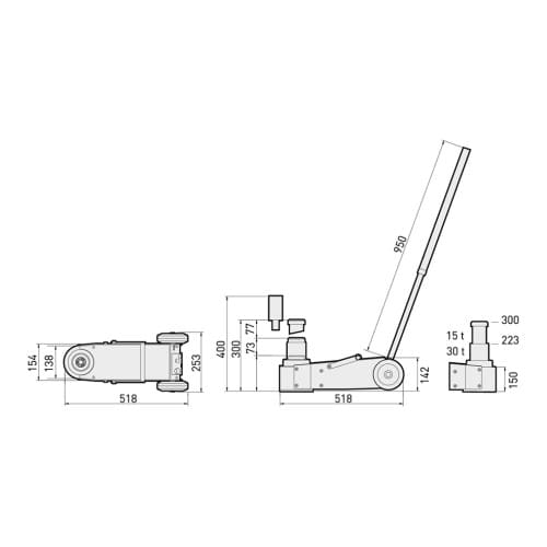 Esquema con dimensiones del gato oleoneumático portátil MEGA NP15-2B 15–30 t