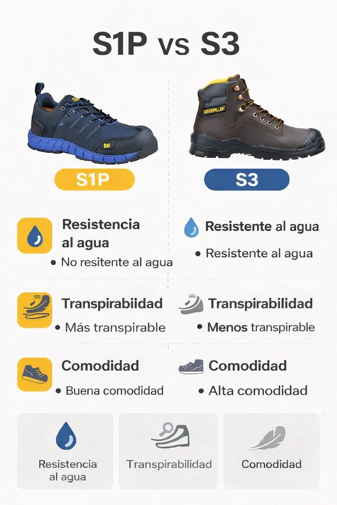 Infografía comparativa entre calzado de seguridad S3 y S1P