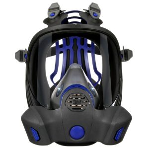 Máscara completa reutilizable 3M™ Secure Click™ serie FF-800, vista frontal con filtros instalados, protección respiratoria profesional.