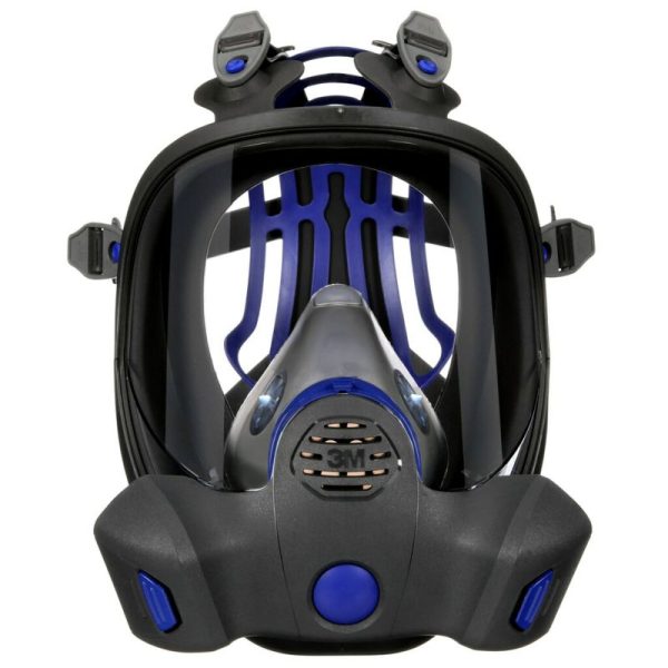 Máscara completa reutilizable 3M™ Secure Click™ serie FF-800, vista frontal con filtros instalados, protección respiratoria profesional.