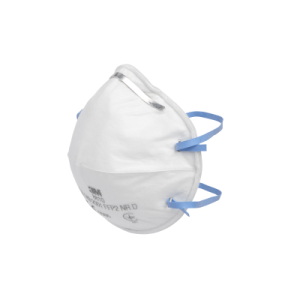 Vista general en perspectiva de la mascarilla desechable industrial 3M 8810, donde se aprecia su diseño convexo tradicional antideformación, las bandas elásticas de sujeción color azul y el clip nasal metálico exterior.