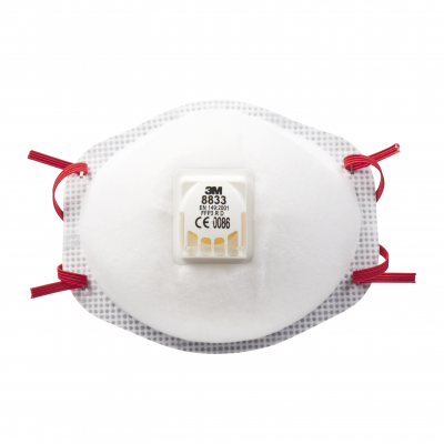 Vista frontal simétrica de la mascarilla protectora 3M 8833 con homologación CE FFP3 R y detalle de la válvula de exhalación central.