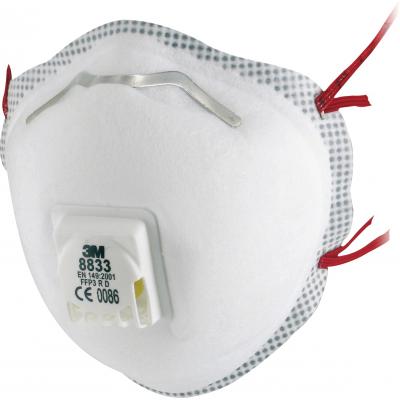 Mascarilla autofiltrante 3M 8833 FFP3 R con válvula Cool Flow en perspectiva de tres cuartos, mostrando el clip nasal metálico y las bandas elásticas rojas.