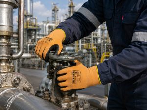 Operario utilizando guantes anticorte Nitrex 241OR manipulando válvulas industriales en planta petroquímica