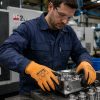 Trabajador usando guantes Nitrex 241OR manipulando piezas metálicas en entorno de fabricación industrial