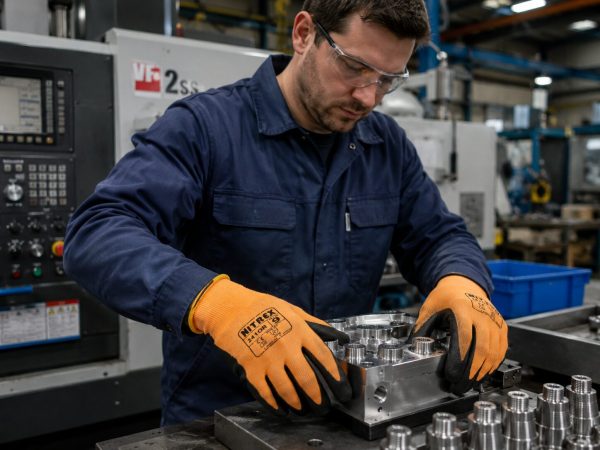 Trabajador usando guantes Nitrex 241OR manipulando piezas metálicas en entorno de fabricación industrial