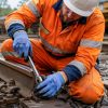 Técnico ferroviario utilizando guantes anticorte Nitrex 241NF trabajando sobre vías y herramientas metálicas