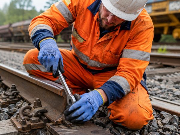 Técnico ferroviario utilizando guantes anticorte Nitrex 241NF trabajando sobre vías y herramientas metálicas