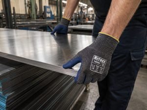 Operario utilizando guantes anticorte Nitrex 340RF para manipular chapas metálicas en entorno industrial