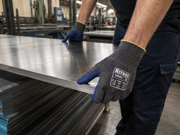 Operario utilizando guantes anticorte Nitrex 340RF para manipular chapas metálicas en entorno industrial
