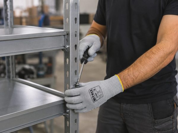 Trabajador utilizando guantes Nitrex 245P para ensamblar estructuras y estanterías metálicas industriales