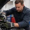 Mecánico utilizando guantes antiimpacto y anticorte 340RFI durante trabajos de reparación en motor de automóvil.