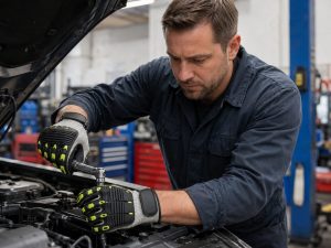 Mecánico utilizando guantes antiimpacto y anticorte 340RFI durante trabajos de reparación en motor de automóvil.