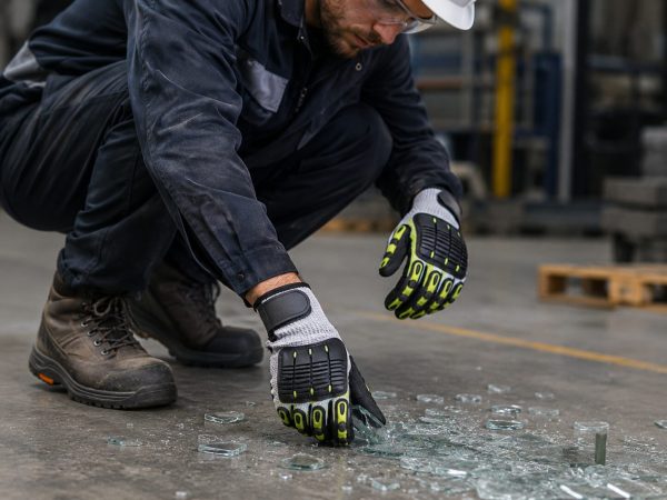 Operario recogiendo cristales rotos con guantes anticorte y antiimpacto 340RFI de alta protección industrial.