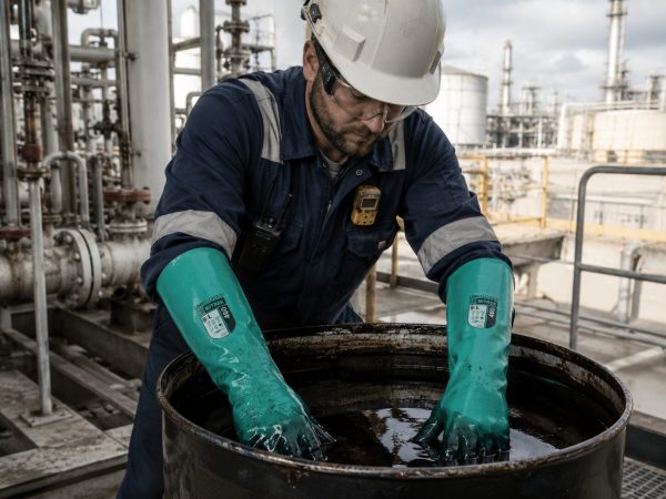 Operario petroquímico utilizando guantes largos Nitrex 460 resistentes a aceites, químicos y disolventes en entorno industrial