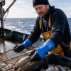 Trabajador pesquero utilizando guantes Nitrex 350DD resistentes a químicos y humedad durante manipulación de redes y pescado en embarcación