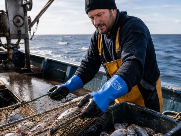 Trabajador pesquero utilizando guantes Nitrex 350DD resistentes a químicos y humedad durante manipulación de redes y pescado en embarcación