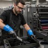 Trabajador de imprenta manipulando tintas industriales con guantes químicos Nitrex 350DD de doble capa de nitrilo