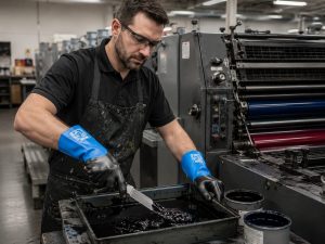 Trabajador de imprenta manipulando tintas industriales con guantes químicos Nitrex 350DD de doble capa de nitrilo