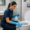Trabajadora limpiando un baño con guantes Nitrex 641 resistentes a detergentes y productos químicos