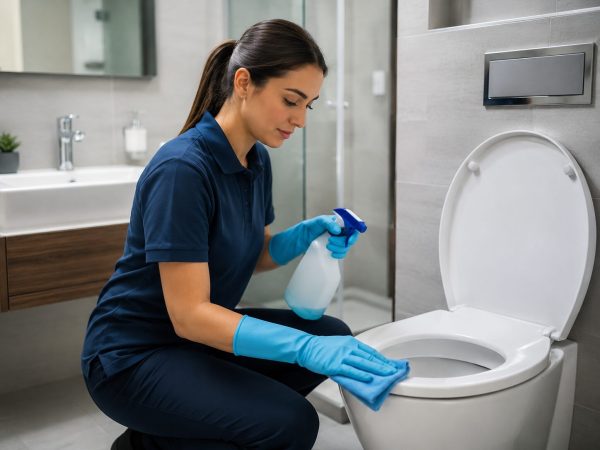 Trabajadora limpiando un baño con guantes Nitrex 641 resistentes a detergentes y productos químicos
