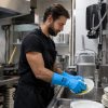 Operario lavando vajilla en cocina industrial con guantes Nitrex 641 impermeables