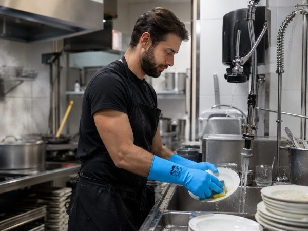 Operario lavando vajilla en cocina industrial con guantes Nitrex 641 impermeables