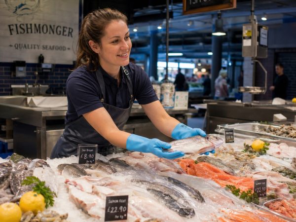 Trabajadora manipulando pescado fresco con guantes Nitrex 641 aptos para uso alimentario
