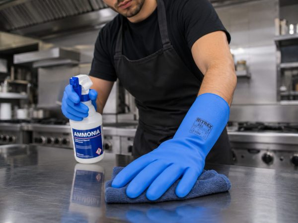 Operario limpiando superficie industrial con guantes Nitrex 645 resistentes a productos químicos
