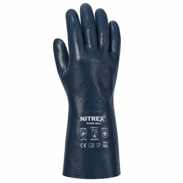Guante de protección química Nitrex 420 de nitrilo azul con soporte de algodón.