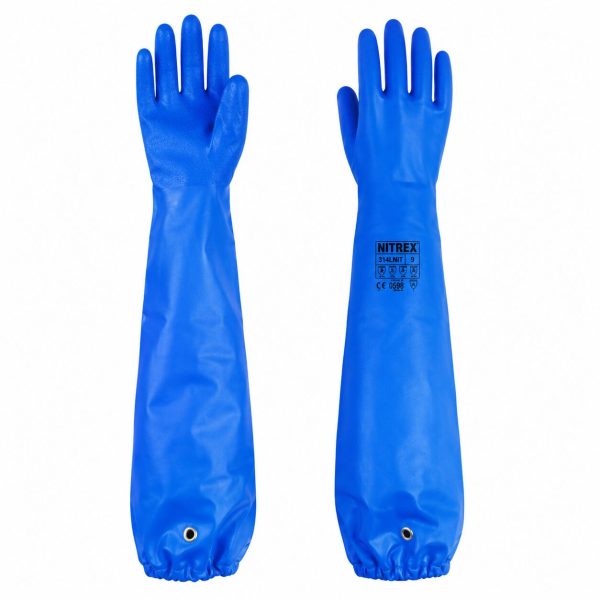 Par de guantes de protección química NITREX 314LNIT color azul, extra largos hasta el hombro, resistentes para limpieza industrial y manipulación química.