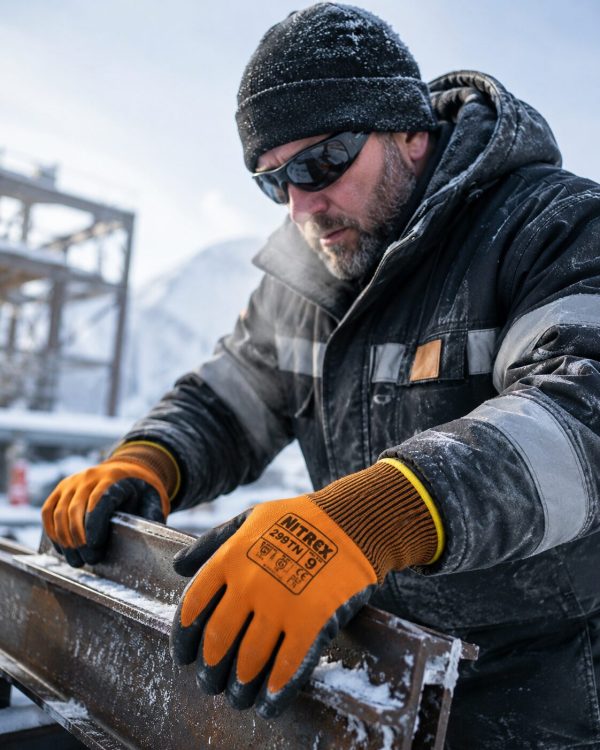 Trabajador utilizando guantes térmicos NITREX 299TN en exterior con bajas temperaturas y nieve